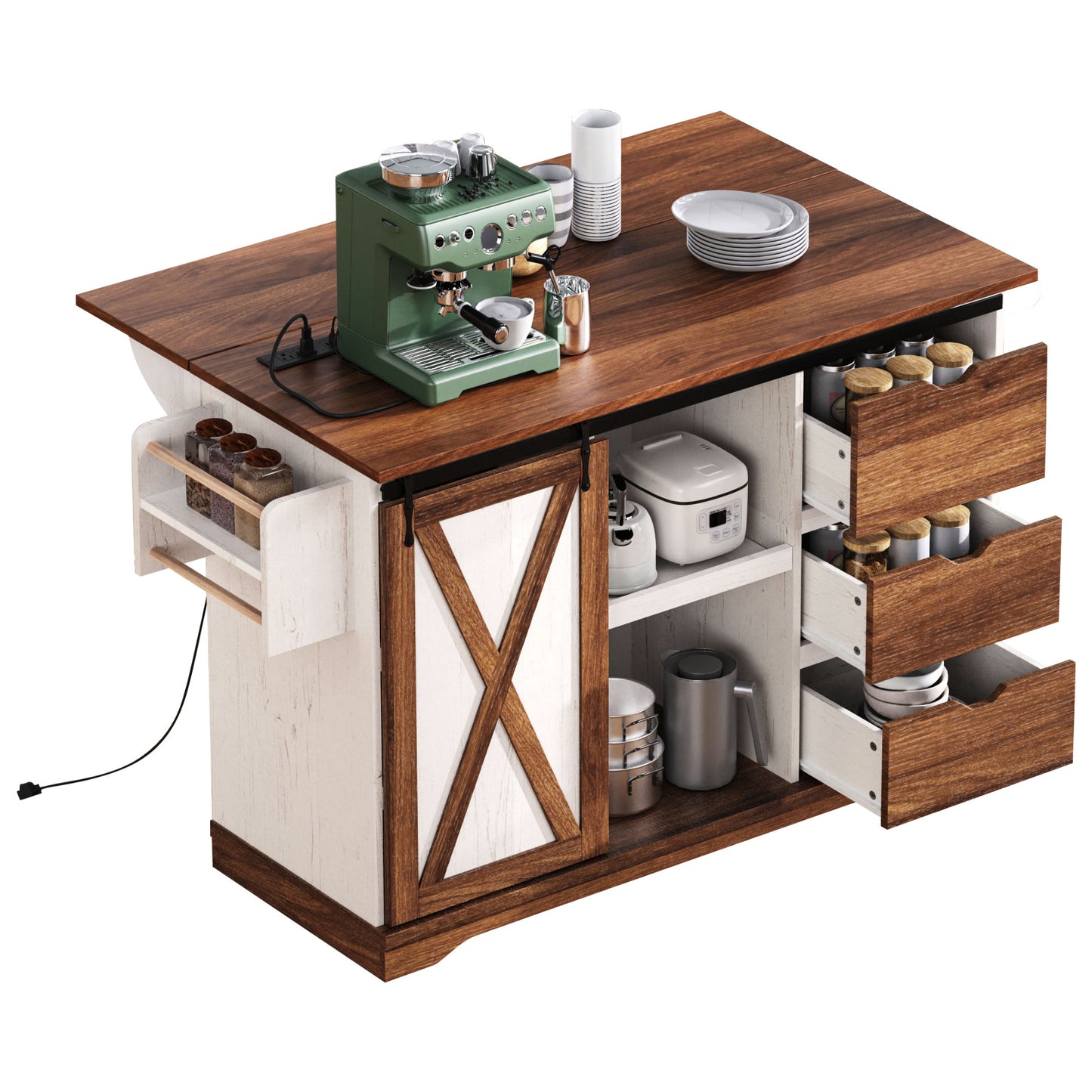 55.5" Farmhouse Kitchen Island with Drop Leaf, Sliding Barn Door, Power Outlet and Spice Rack, Rolling Kitchen Cart, White