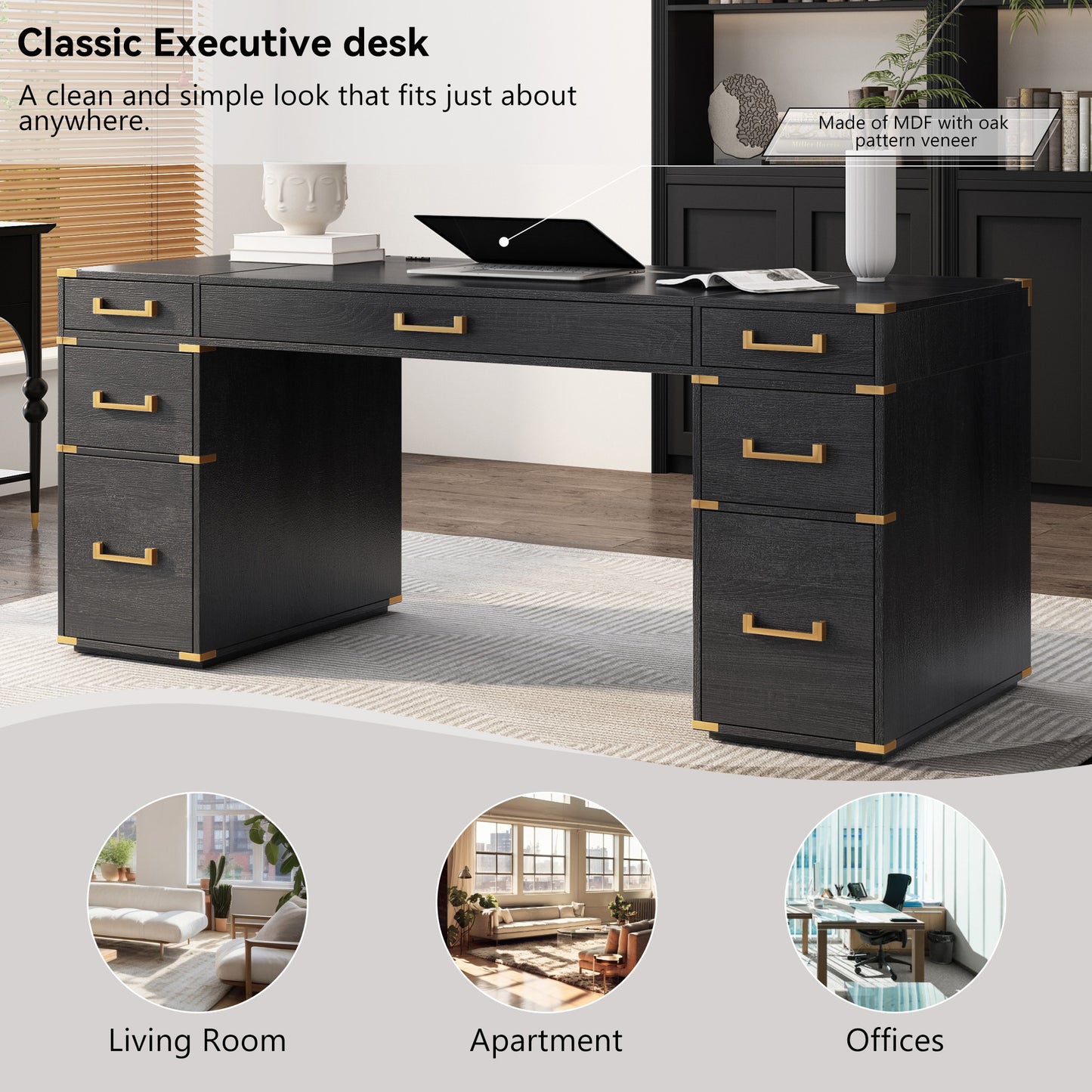 70" Executive Desk with 7 Drawers, USB Ports & Gold Metal Edge Trim - Classic Home Office Writing Desk, Black & Gold