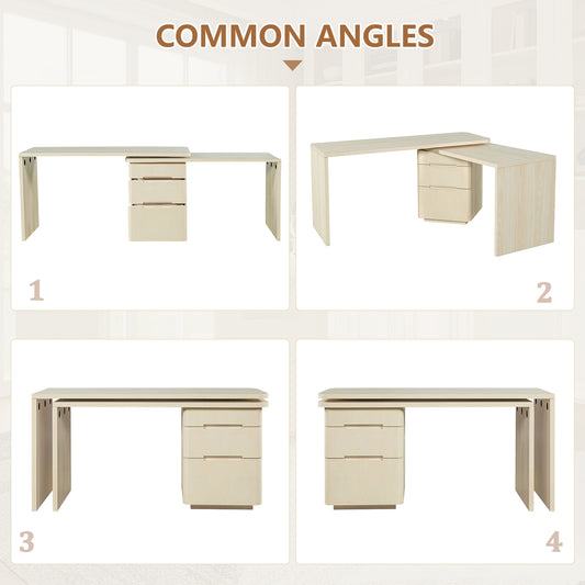 90" L-Shaped Executive Desk with 3 Drawers & 360° Rotating Corner - Modern Home Office Workstation, Natural Wood