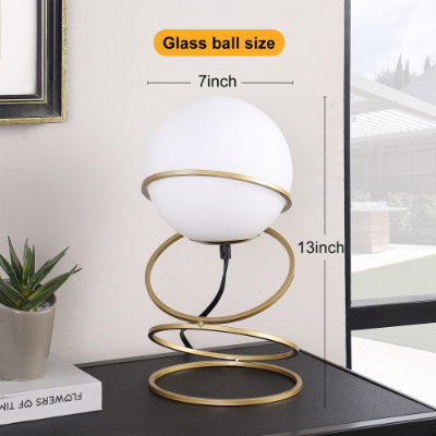 Gold Spiral Ring Table Lamp with White Glass Globe Shade - Modern Bedside Nightstand Lamp