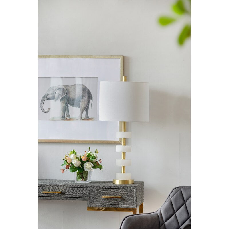White and Gold Marble Table Lamp - 13x13x26 inch Luxury Bedside Nightstand Lamp