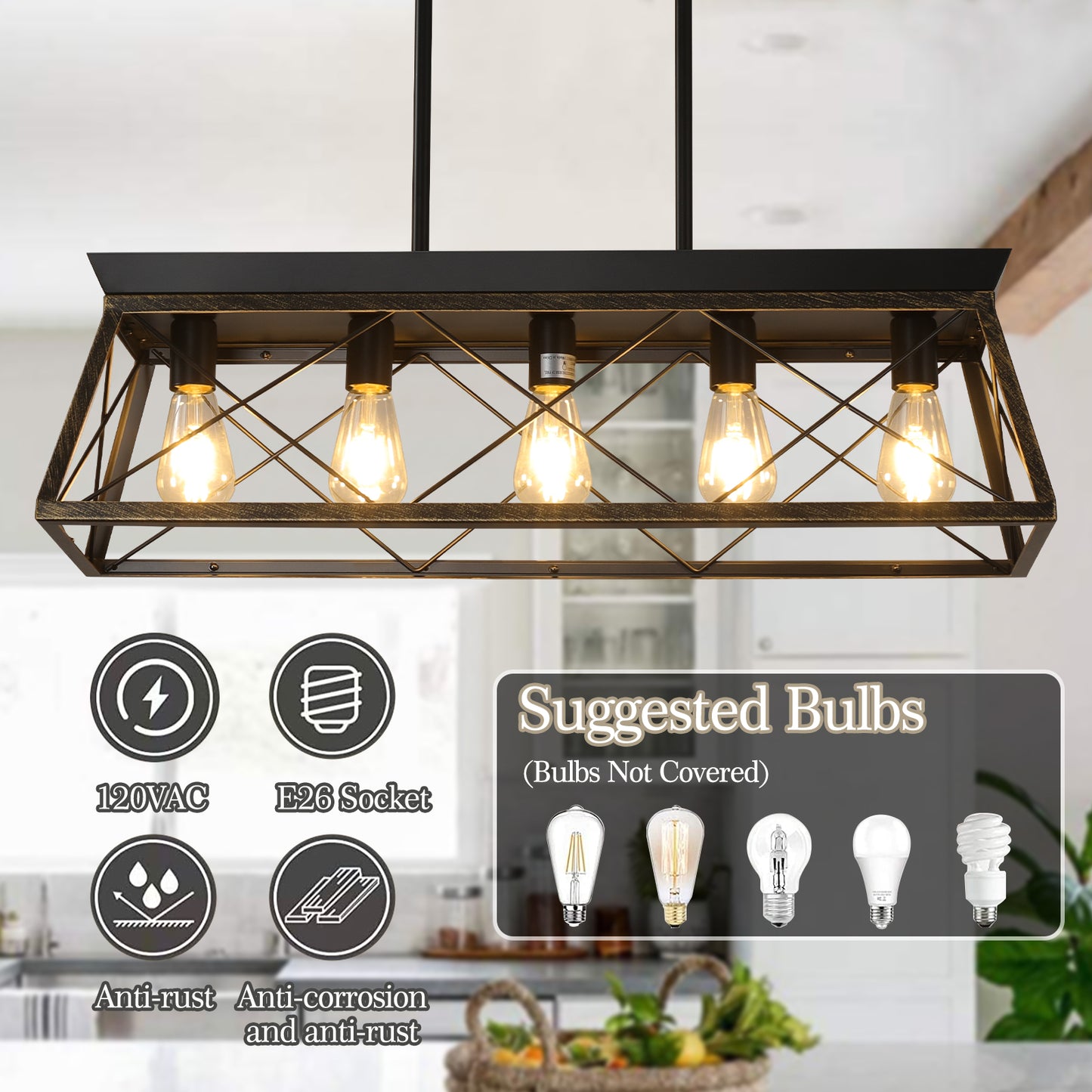 32-Inch Black Gold Industrial Pendant Chandelier - 5-Light, Metal Cage, Adjustable Height, No Bulbs