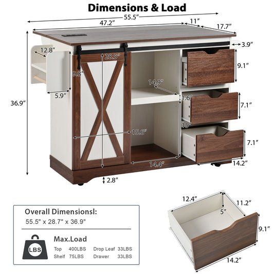 55.5" Farmhouse Kitchen Island with Drop Leaf, Sliding Barn Door, Power Outlet and Spice Rack, Rolling Kitchen Cart, White