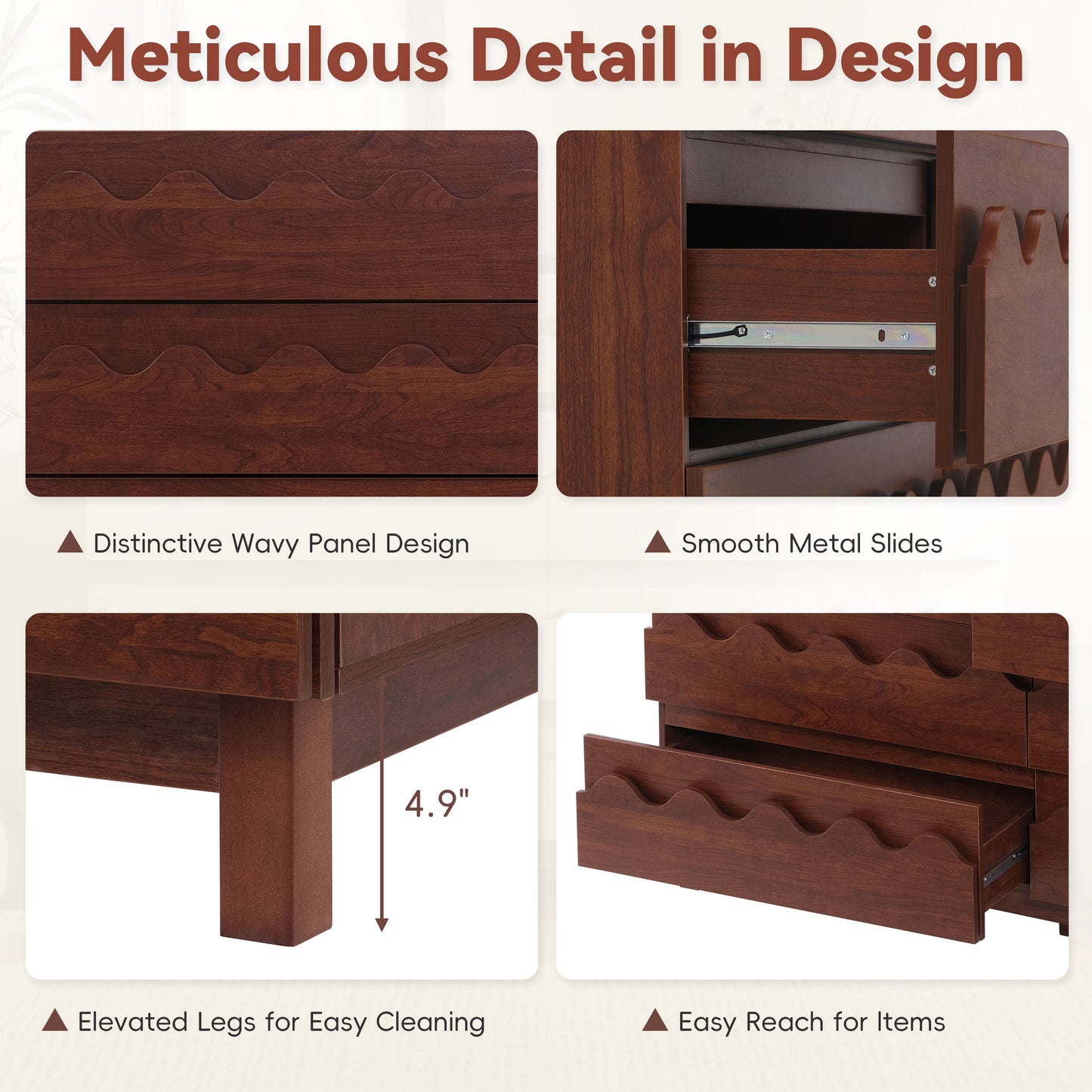 6-Drawer Dresser with Wave Front Design - Modern TV Stand & Bedroom Chest of Drawers, Walnut