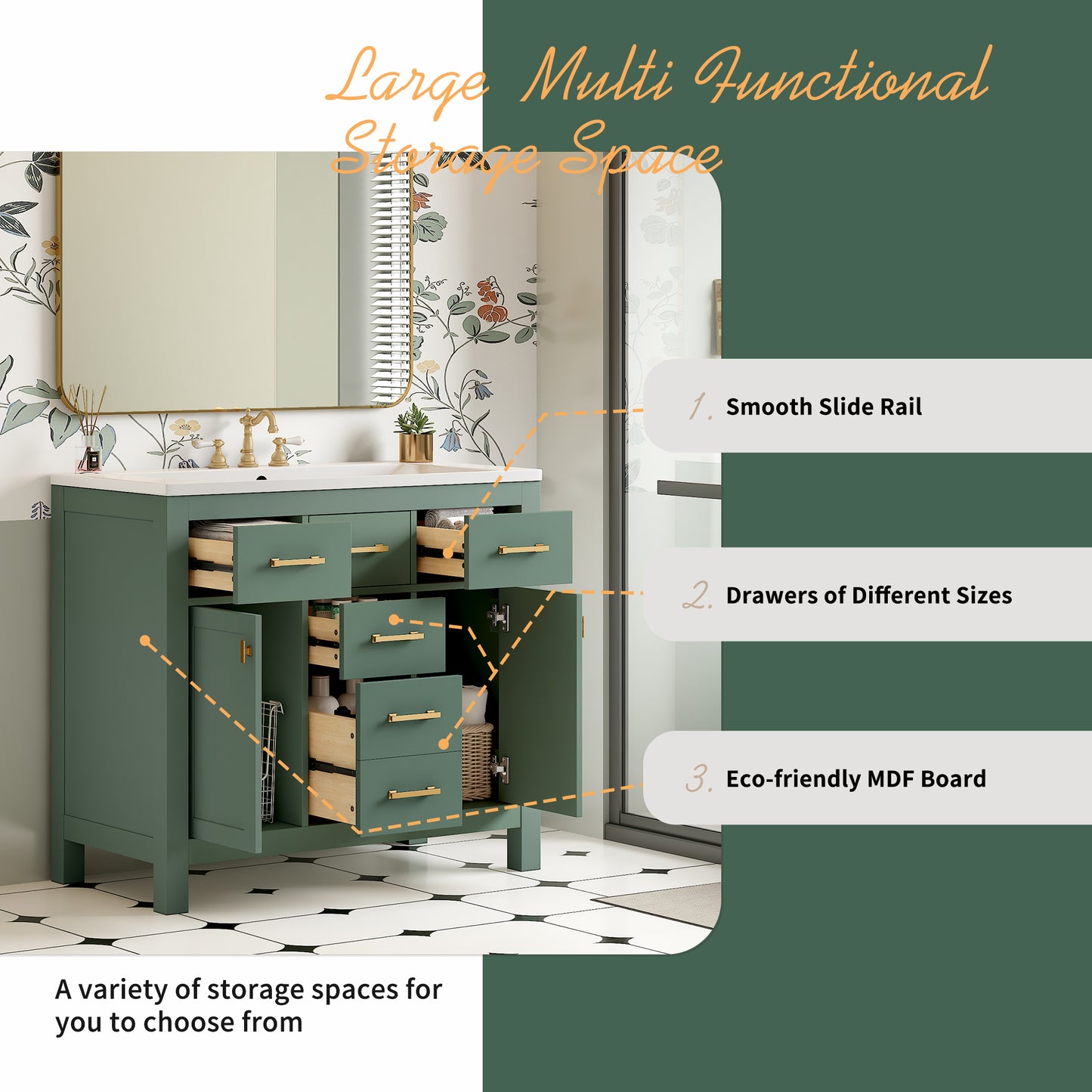 36'' Bathroom Vanity With Ceramic Sink Combo Set, Modern Freestanding Single Bathroom Cabinet With 4 Drawers & 2 Cabinets,Storage Cabinet For Bathroom, Solid Wood Frame Vanity Set, Green