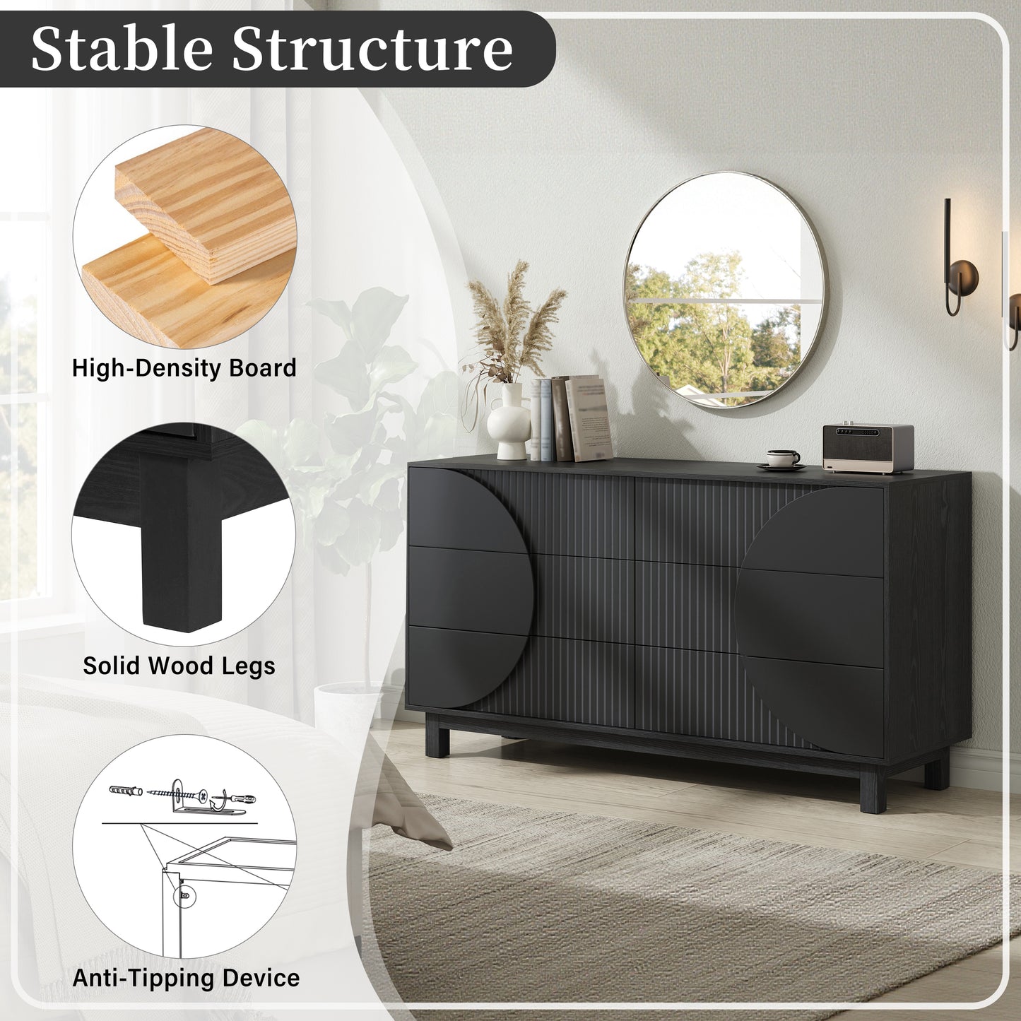 60" Fluted 6-Drawer Dresser with Solid Wood Legs & TV Stand Top - Modern Bedroom Chest, Carbon Black