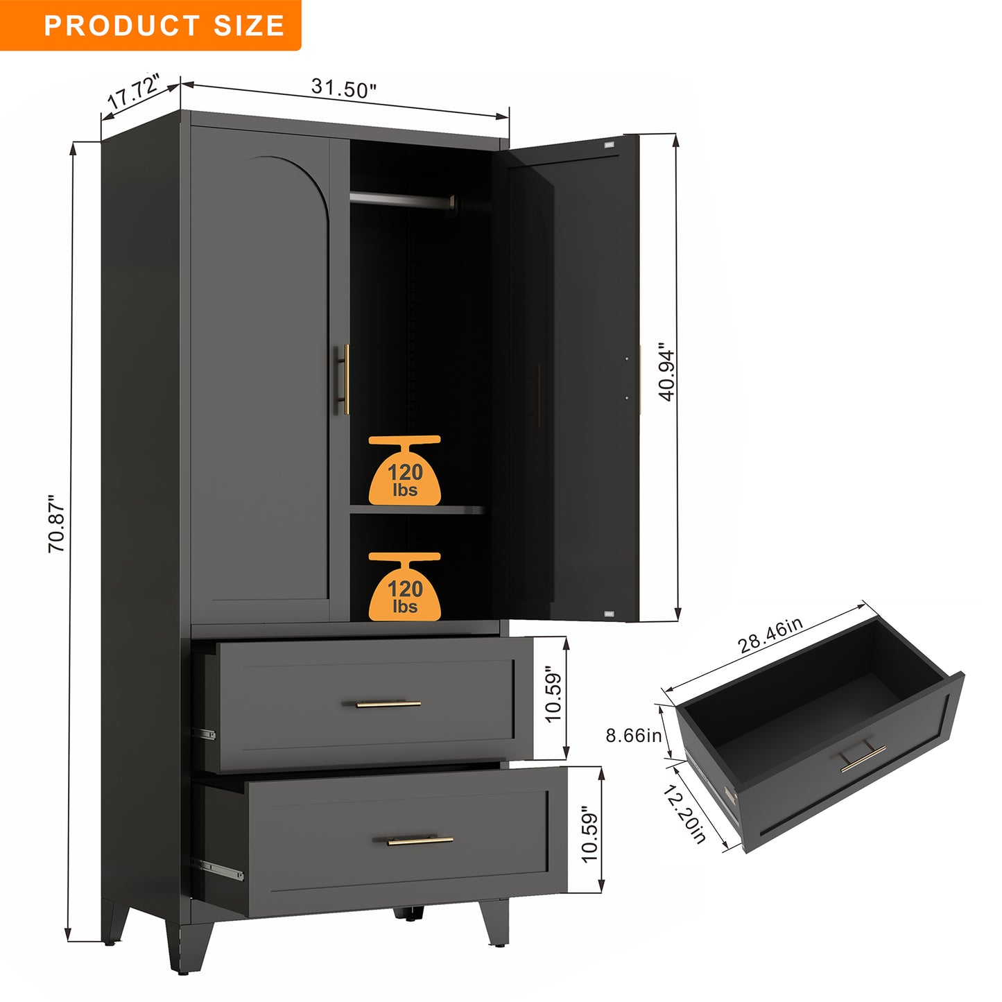 71" Metal Wardrobe Closet with 2 Doors, 2 Drawers & Hanging Rod - Steel Storage Cabinet, Black