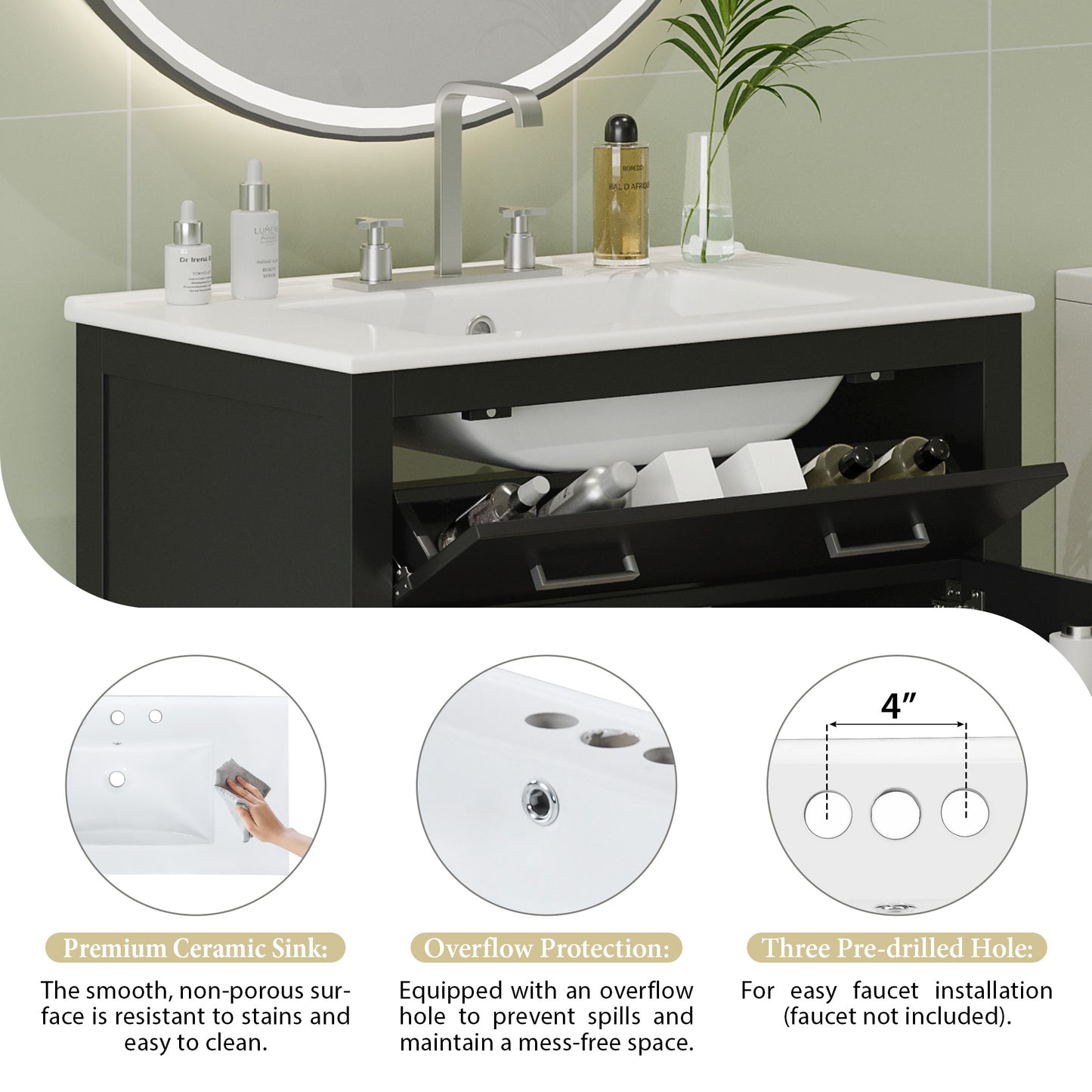 60 Modern Black Bathroom Vanity Set With Double Vanities Separate , Double Ceramic Sinks, Adjustable Shelf, Soft Close Doors And Flip Drawer Modern Bathroom Solution For Spacious Bathrooms