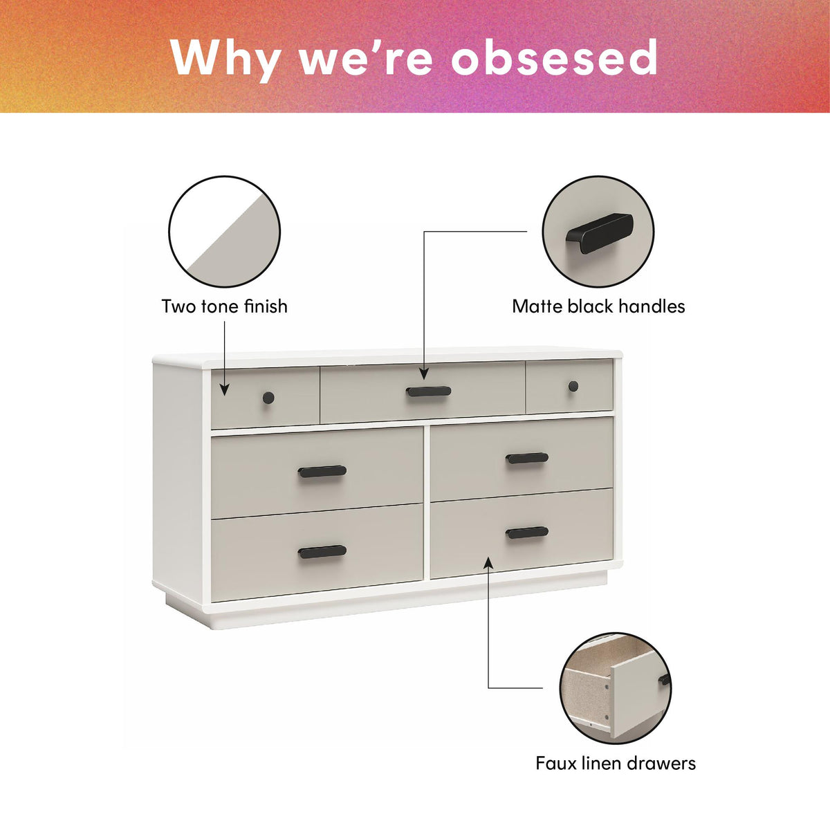 Valencia 7-Drawer Wide Dresser with Faux Linen Drawers & Matte Black Handles - Taupe