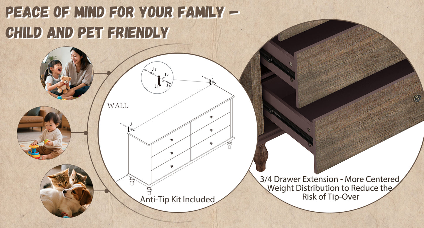 6-Drawer Double Wide Dresser with Self-Closing Slides & Roman Column Legs - Rustic Burnt Wood, Deep Brown