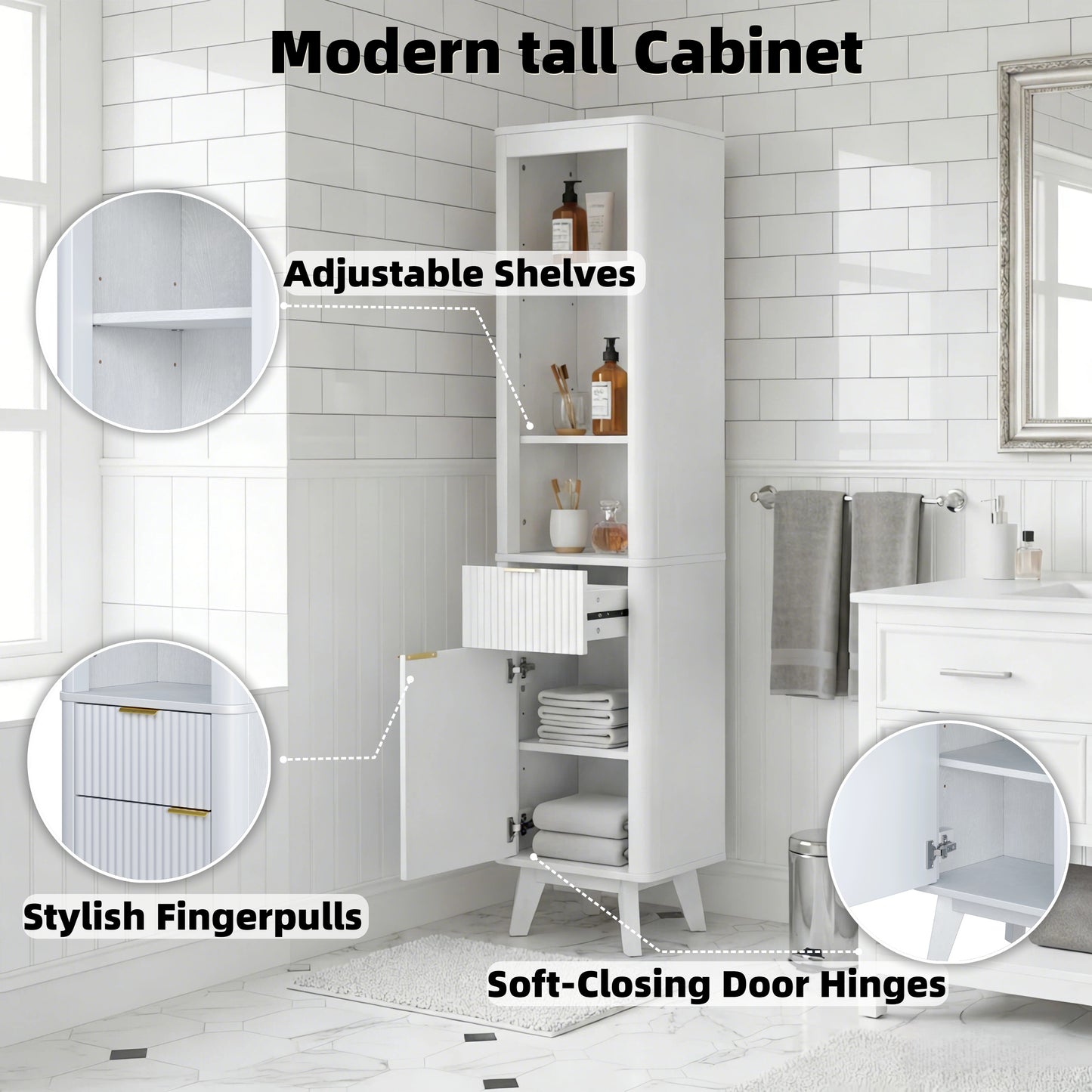 68 H Tall Bathroom Storage Cabinet With Adjustable Shelves And One Drawer & Door, Storage Cabinet For Bathroom, Living Room, Entryway & Kitchen, White