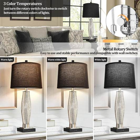 Black Bedside Table Lamps Set of 2 - USB-A & USB-C Charging, 3-Color LED | Modern Glass Nightstand Lamp