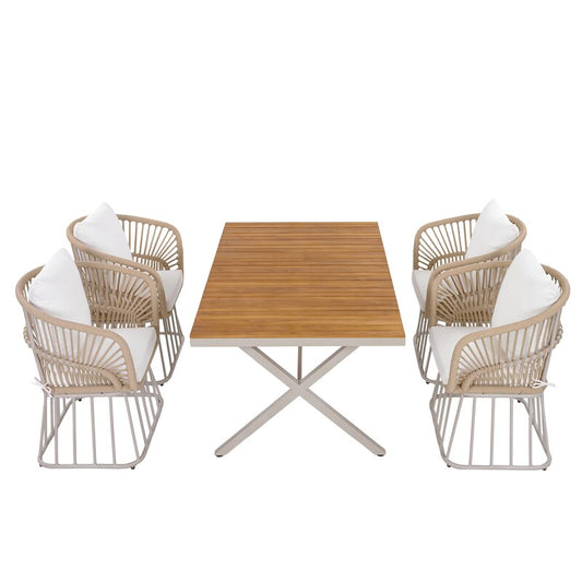 Outdoor 7-Piece Teak Dining Set - Table & 6 Wicker Chairs with Cushions