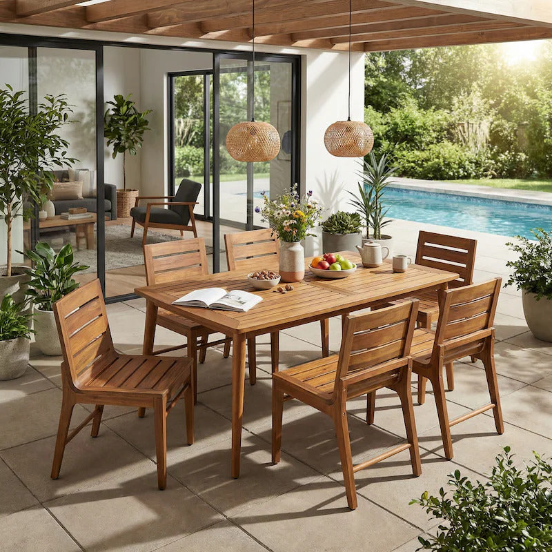 7-Piece Outdoor Acacia Wood Dining Set - 71" Teak Table with 6 Ergonomic Chairs