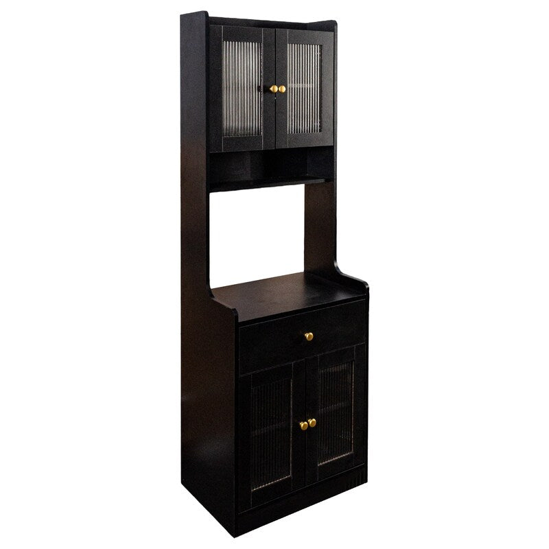 Black Kitchen Pantry Hutch Storage Cabinet, Farmhouse Kitchen Hutch Buffet Cabinet With Microwave Stand, Freestanding Buffet Sideboard Coffee Bar Cabinet