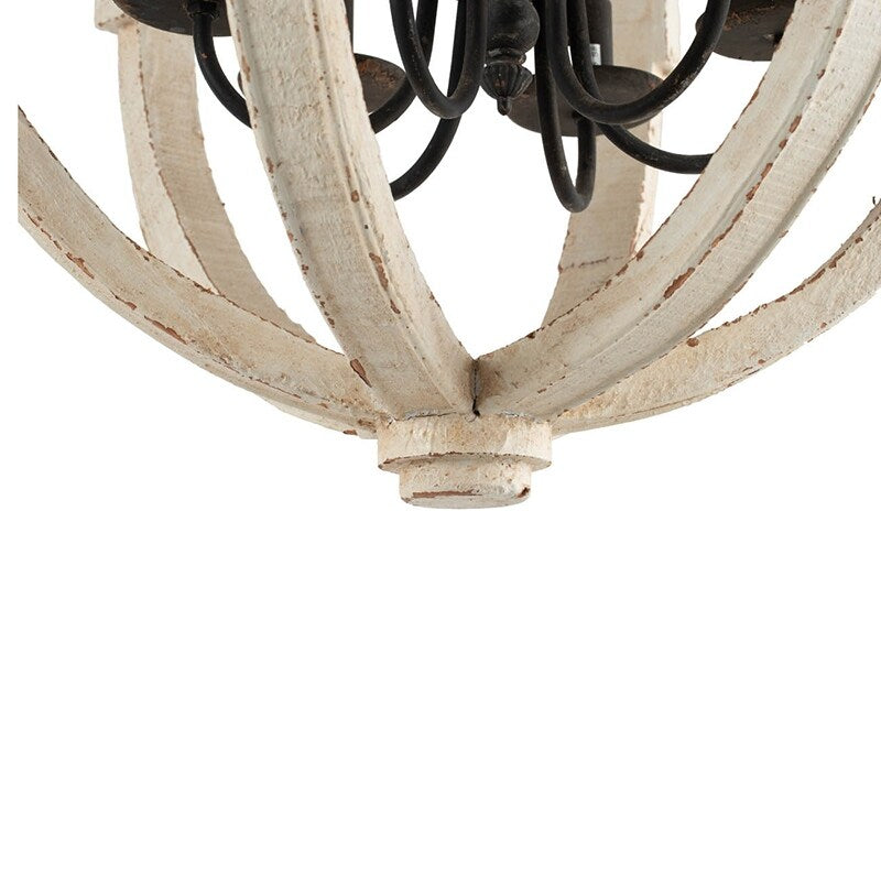 6-Light Pine Wood Chandelier - Distressed White, Adjustable Chain, E12, Bulbs Not Included