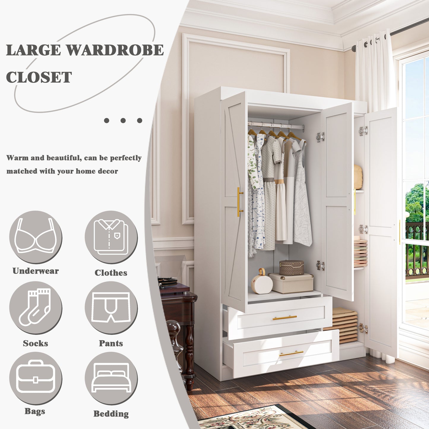 Shaker Style Classic Three-Door Wardrobe, Wood Bedroom Armoire With Hanging Rod And Shelves, Spacious Storage Closet, Modern Farmhouse Design, White