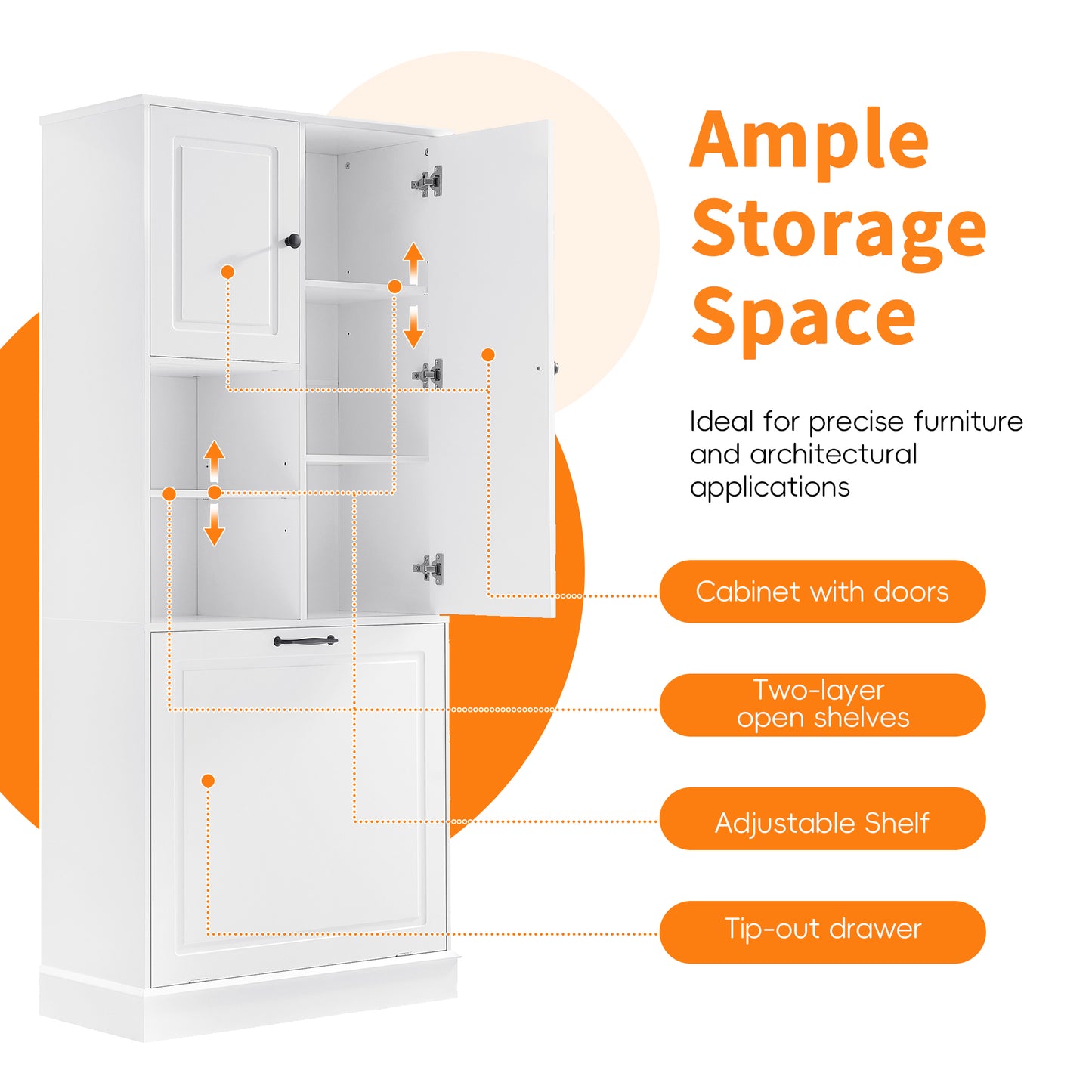 Tall Storage Cabinet With Adjustable Shelves, Large Flip-Out Basket & Enclosed Cabinets Perfect For Bathroom, Living Room, Or Office, MDF Material With Aluminum Alloy Handles