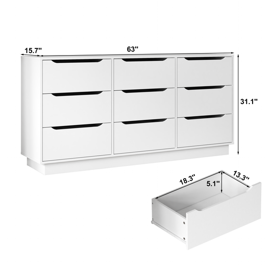 9-Drawer White Wood Dresser - Long Bedroom Chest of Drawers for Closet & Living Room