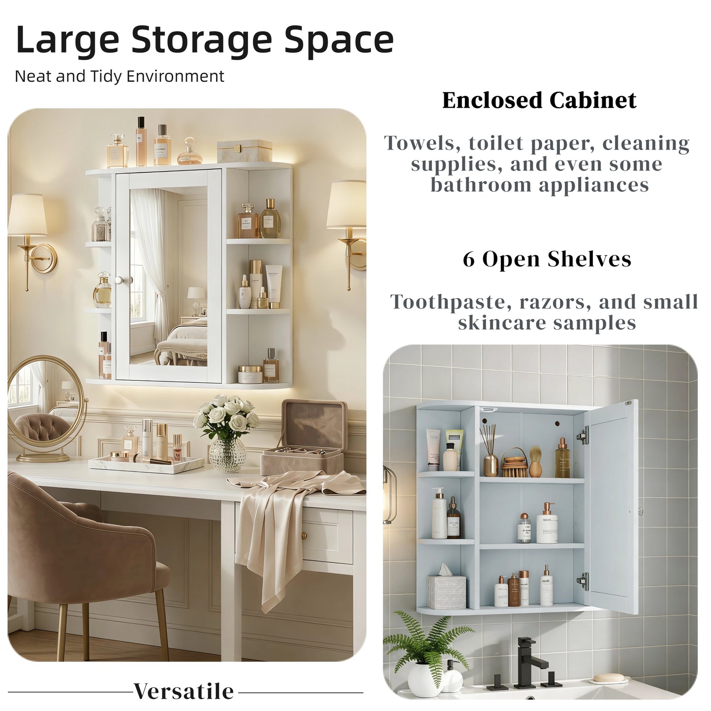 Bathroom Wall Storage Cabinet With Mirror, Medicine Cabinet With Adjustable Wood Shelf & Doors, Mounted Storage Cabinets With 6 Open Shelves, White