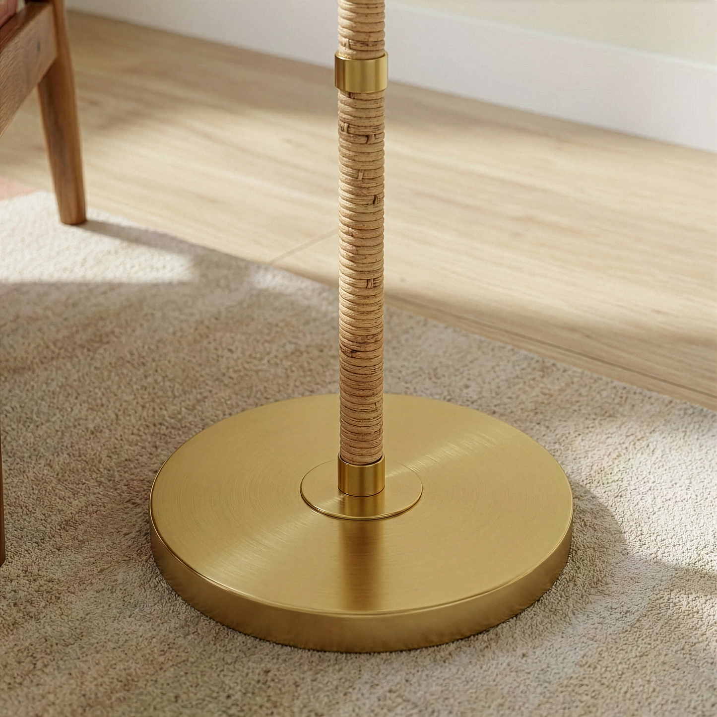 Stellar Floor Lamp - Gold Brass, Wood Rattan & White Linen Shade