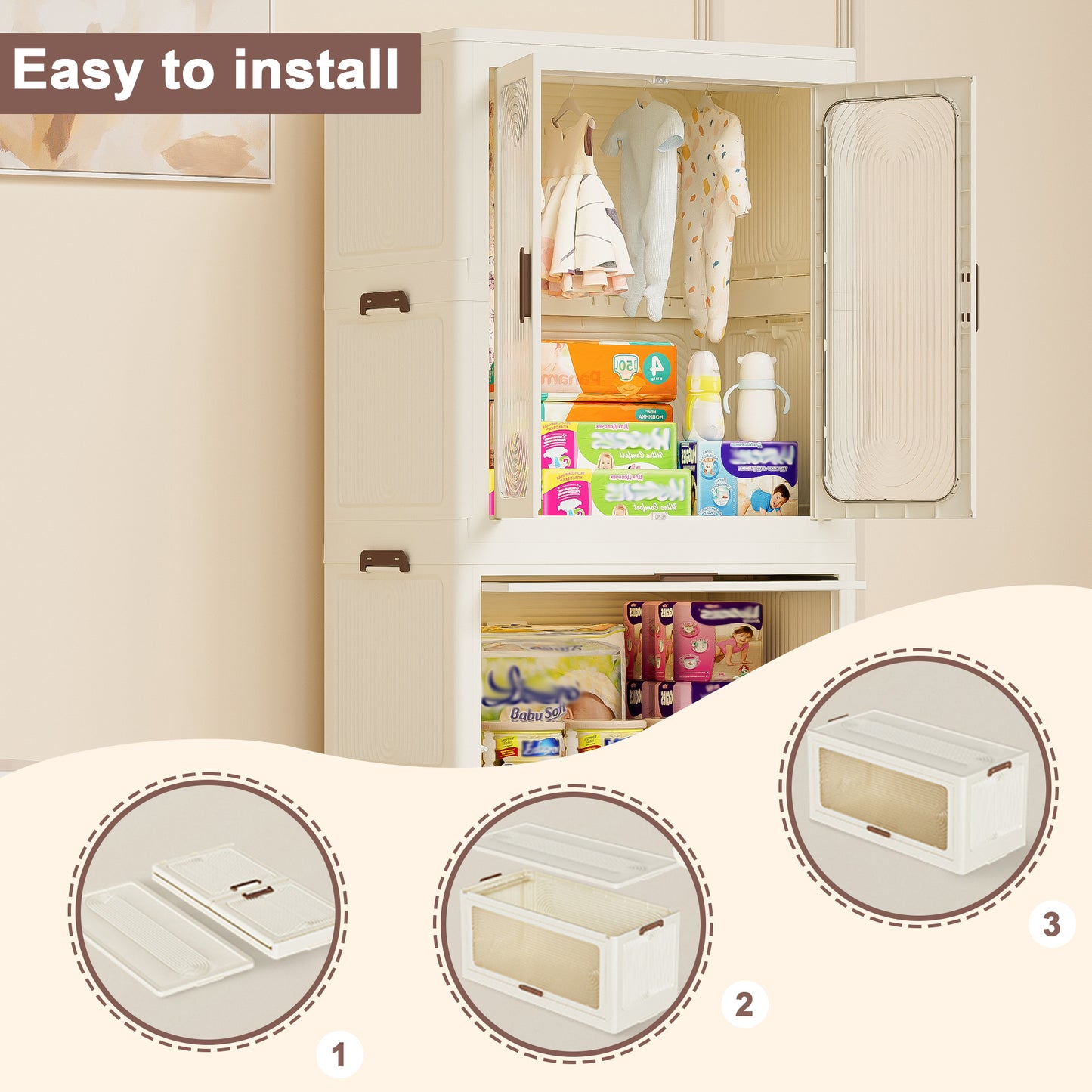 Portable Wardrobe Closet with 4 Cubes, Magnetic Doors & Hanging Rod - 10 Hangers Included, Cream White