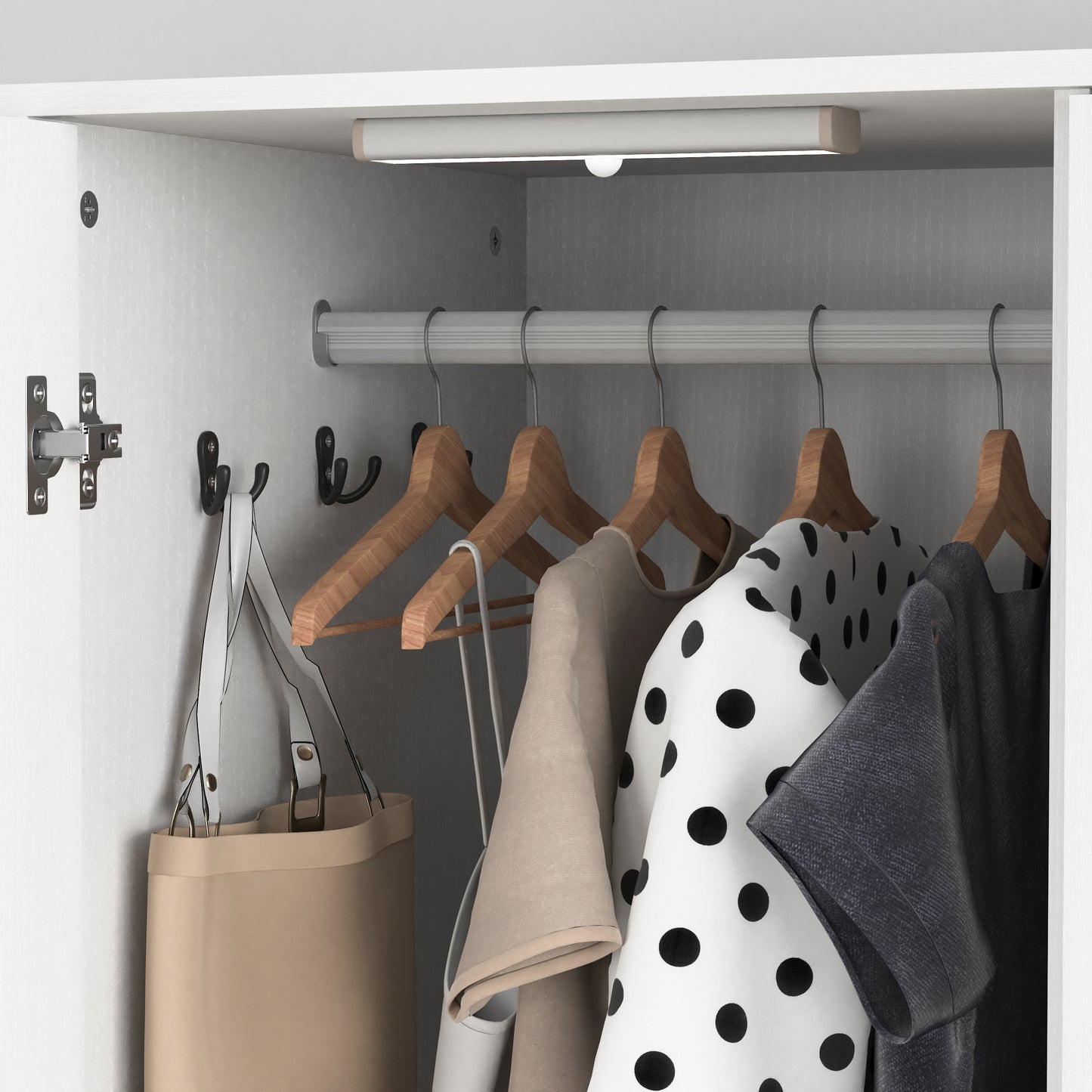 Wood Wardrobe Closet with 2 Doors, Mirror, Induction Light & 2 Drawers - 71" Bedroom Cabinet, White