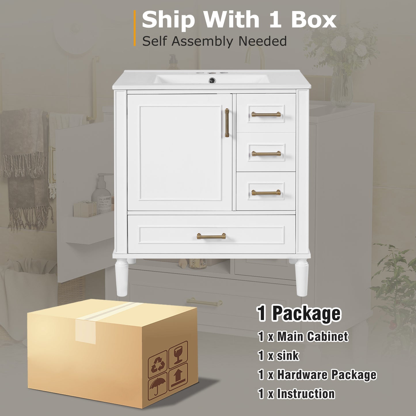 30 Bathroom Vanity With Ceramic Sink, Soft-Close Door With Built-in Shelf, Deep Drawer, Standard Drawer, Long Divider Drawer, Ample Storage Cabinet For Bathroom, Modern & Functional Design