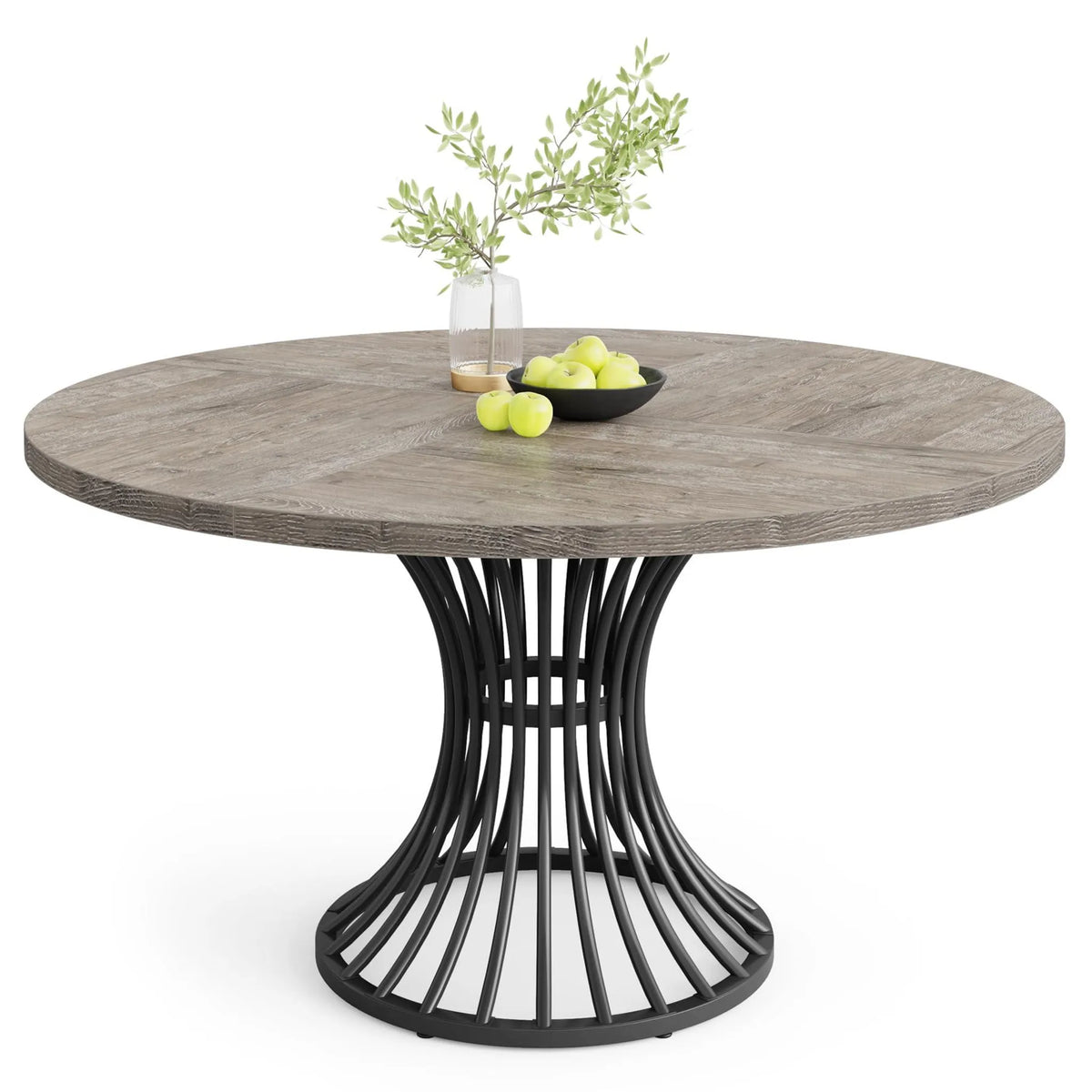 Round Dining Table for 4-6, 46.85" Industrial Kitchen Table with Wood Grain Top and Metal Base, Grey