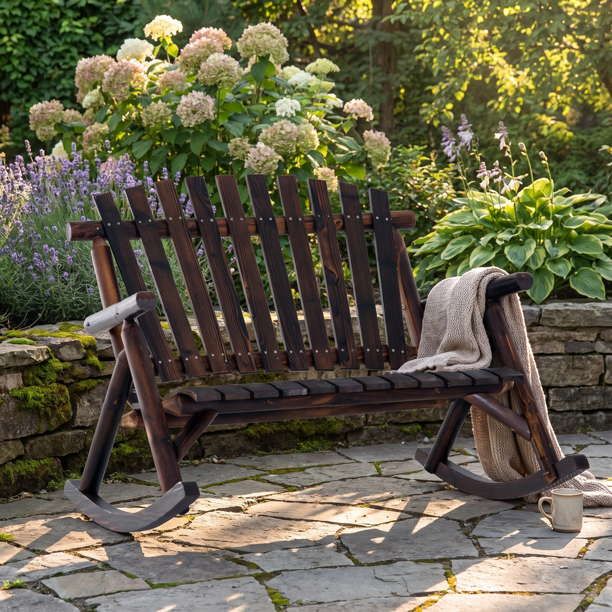 Wooden High-Back Rocking Chair for Garden - Carbonized Outdoor Rocker