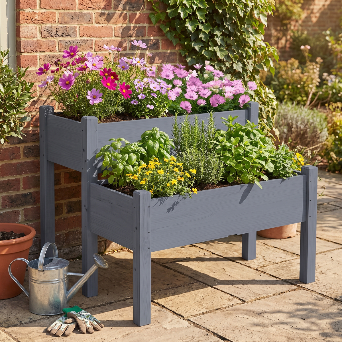 2-Tier Raised Garden Bed - Solid Fir Wood Planter Box for Vegetables, Herbs & Flowers (Gray)