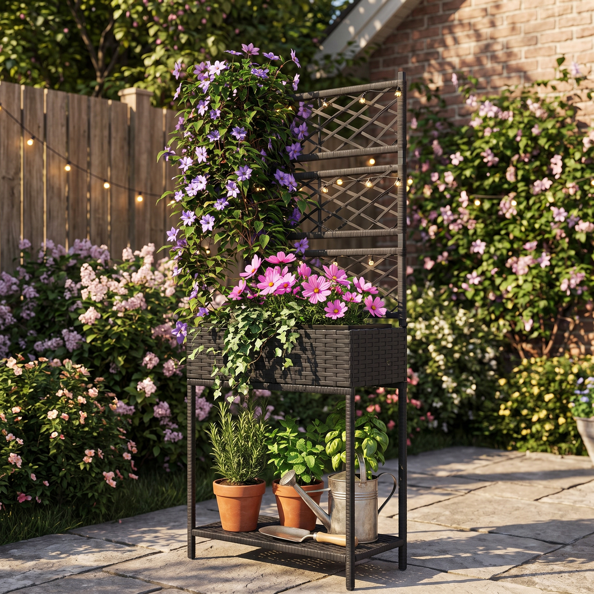 Rattan Raised Garden Bed with Trellis & Storage Shelf - Outdoor Wicker Planter for Climbing Plants, Black