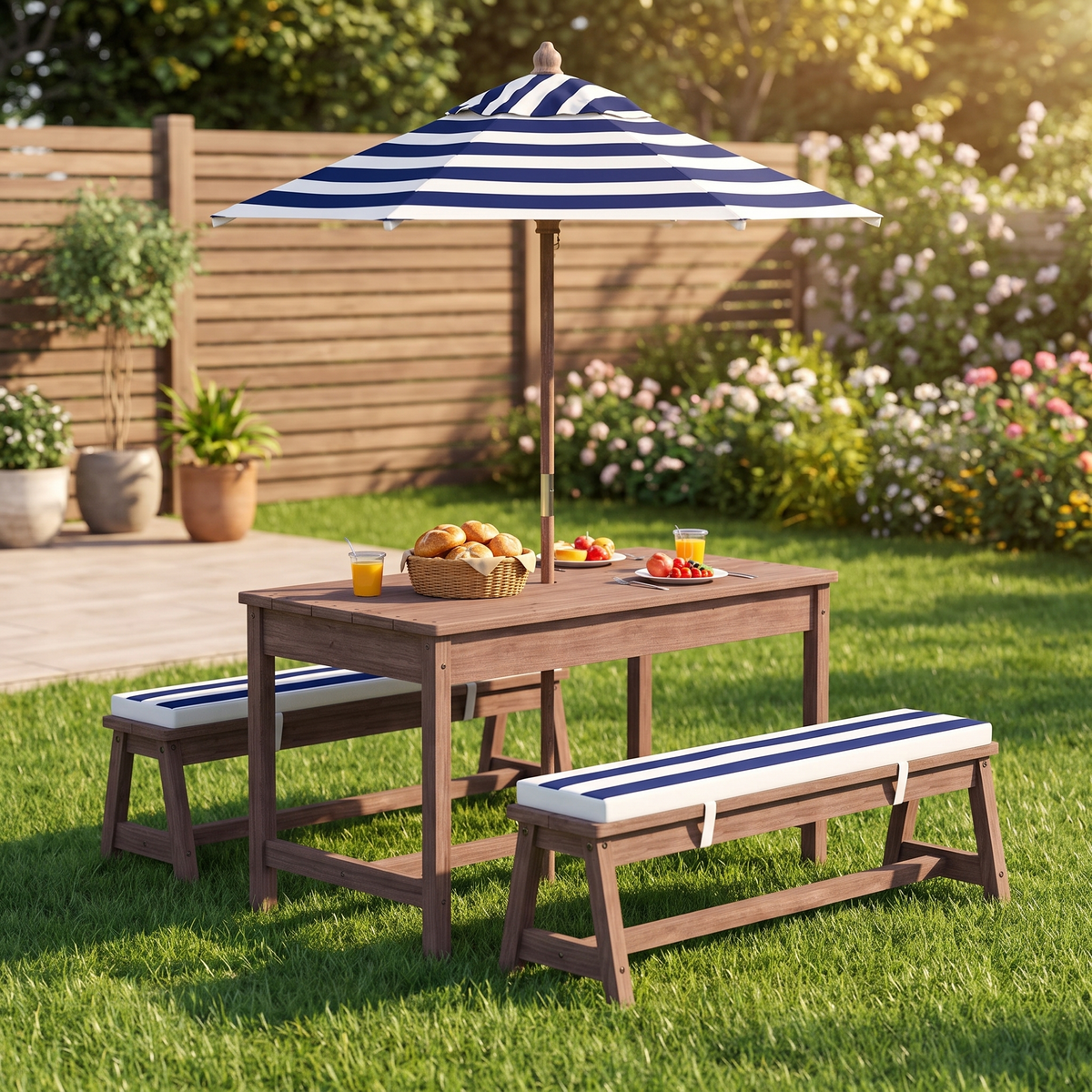 Kids Outdoor Picnic Table & Bench Set with Umbrella and Cushions - Wooden Garden Furniture for Children, Navy Blue
