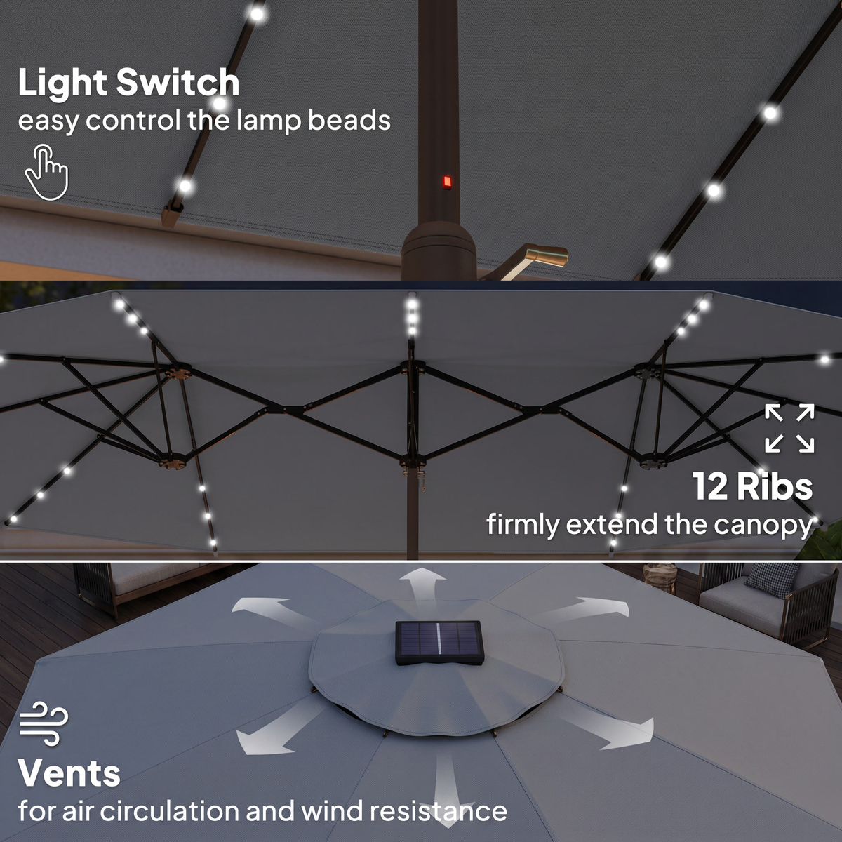 Large Patio Umbrella with 48 Solar LED Lights - 14.8ft Double Canopy Outdoor Parasol, Gray