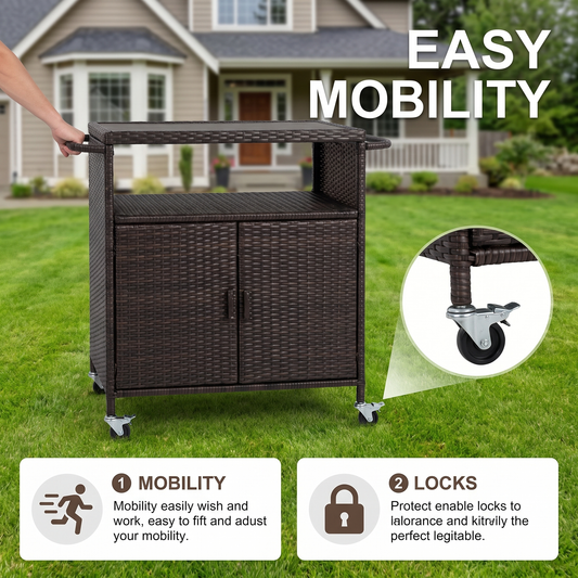 Outdoor Wicker Bar Cart with Wheels - Rolling Rattan Serving Cart with Glass Top, Black Brown
