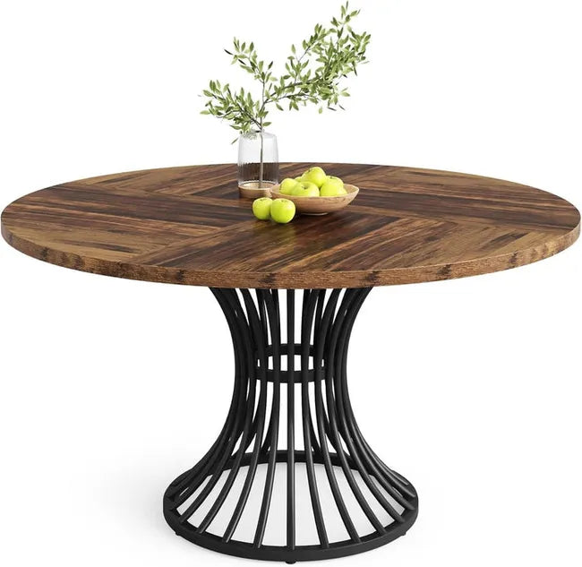 Round Dining Table for 4-6, 46.85" Industrial Kitchen Table with Wood Grain Top and Metal Base, Rustic Brown