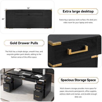 70" Executive Desk with 7 Drawers, USB Ports & Gold Metal Edge Trim - Classic Home Office Writing Desk, Black & Gold