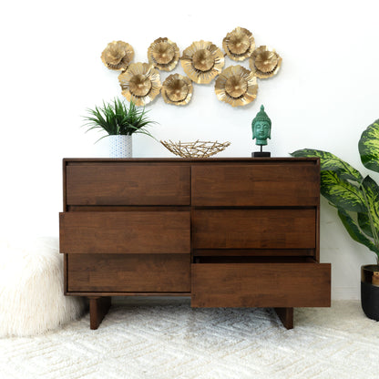 Mid-Century Modern Walnut Dresser with 6 Drawers - Solid Wood Bedroom Chest, Brown Wood