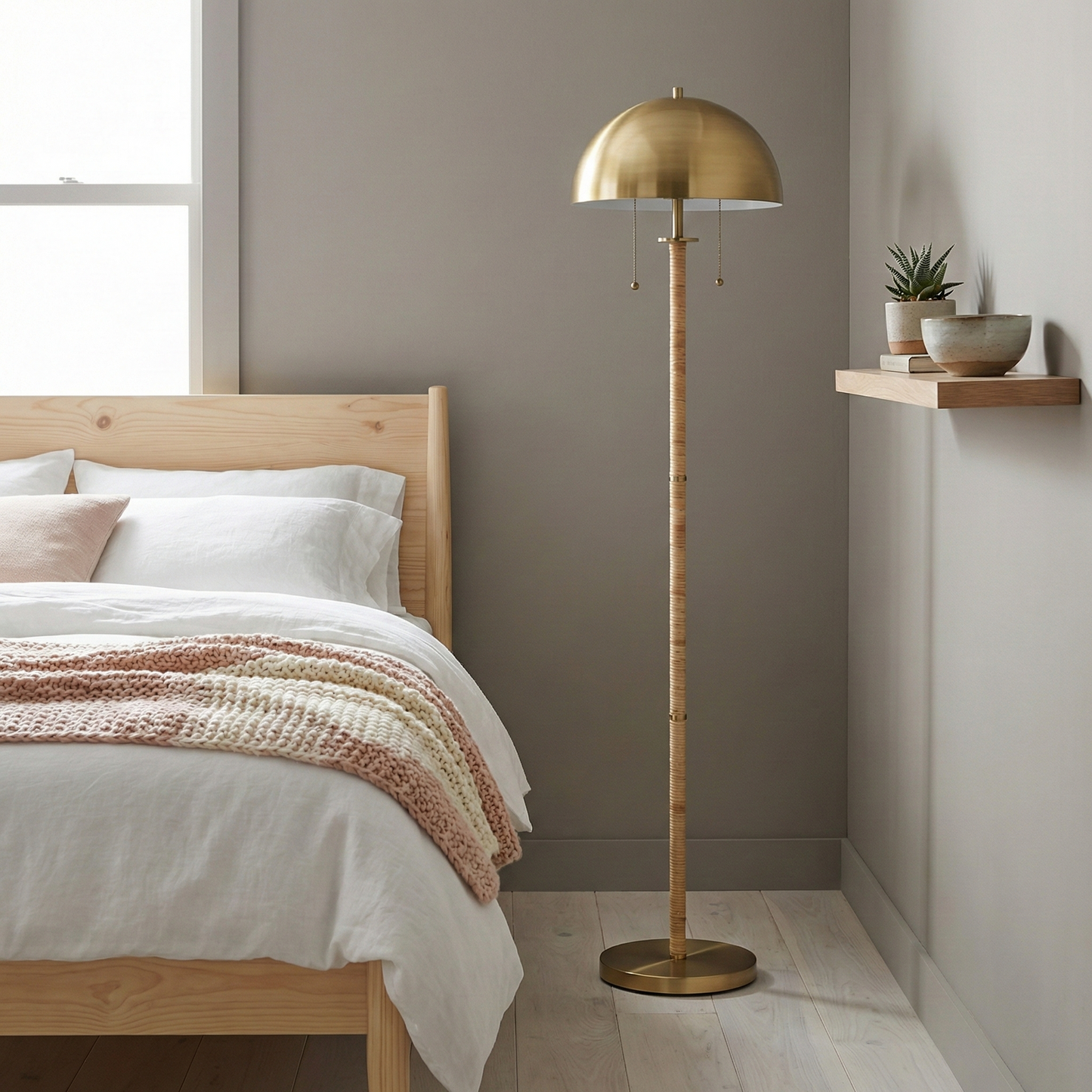 Allure 2-Light Floor Lamp - Gold Brass & Natural Rattan, E26, Pull Chain