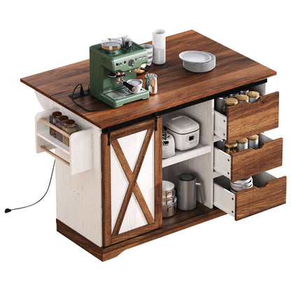 55.5" Farmhouse Kitchen Island with Drop Leaf, Sliding Barn Door, Power Outlet and Spice Rack, Rolling Kitchen Cart, White