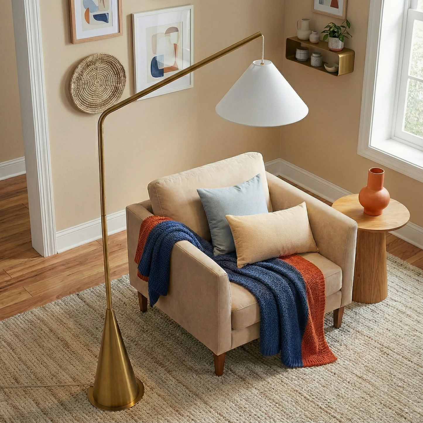 Lisbon Floor Lamp - Antique Brass Base & White Fabric Shade