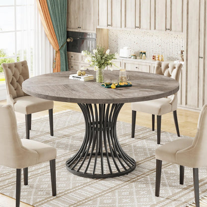 Round Dining Table for 4-6, 46.85" Industrial Kitchen Table with Wood Grain Top and Metal Base, Grey