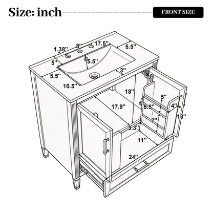 Elegant Fluted Bathroom Vanity With Ceramic Sink, Single Box Shipping, Solid Wood Legs, Soft-Close Doors & Drawer, Door Shelf, White