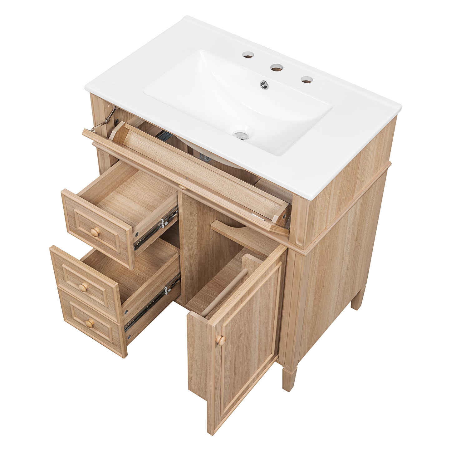30" Bathroom Vanity with Sink - Light Oak, Solid Wood & MDF, Soft-Close Drawers & Door