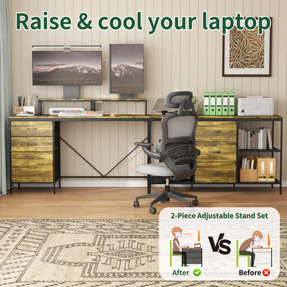 114" L-Shaped Gaming Desk with Power Hub, 6 Drawers & Removable Monitor Stand - Industrial Home Office Desk, Rustic Brown
