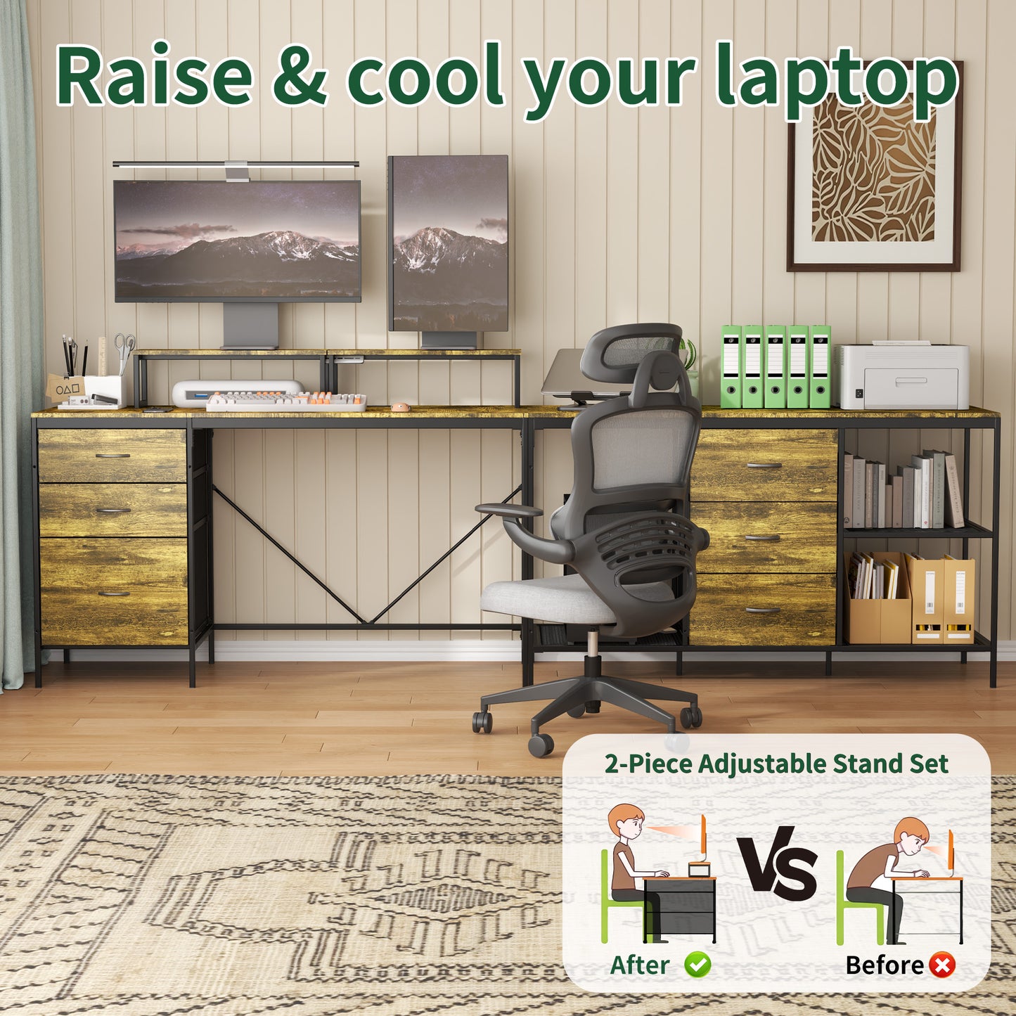114" L-Shaped Gaming Desk with Power Hub, 6 Drawers & Removable Monitor Stand - Industrial Home Office Desk, Rustic Brown