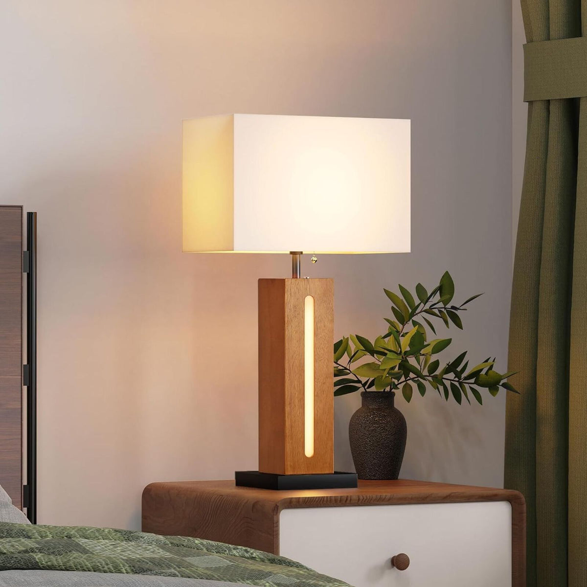 Farmhouse Bedside Table Lamps Set of 2 - Dimmable LED Nightlight, Wood Grain & Linen Shade