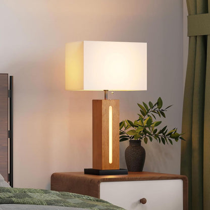 Farmhouse Bedside Table Lamps Set of 2 - Dimmable LED Nightlight, Wood Grain & Linen Shade