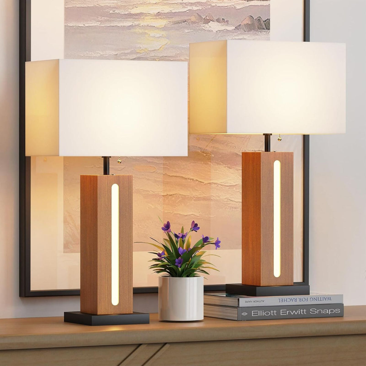 Farmhouse Bedside Table Lamps Set of 2 - Dimmable LED Nightlight, Wood Grain & Linen Shade