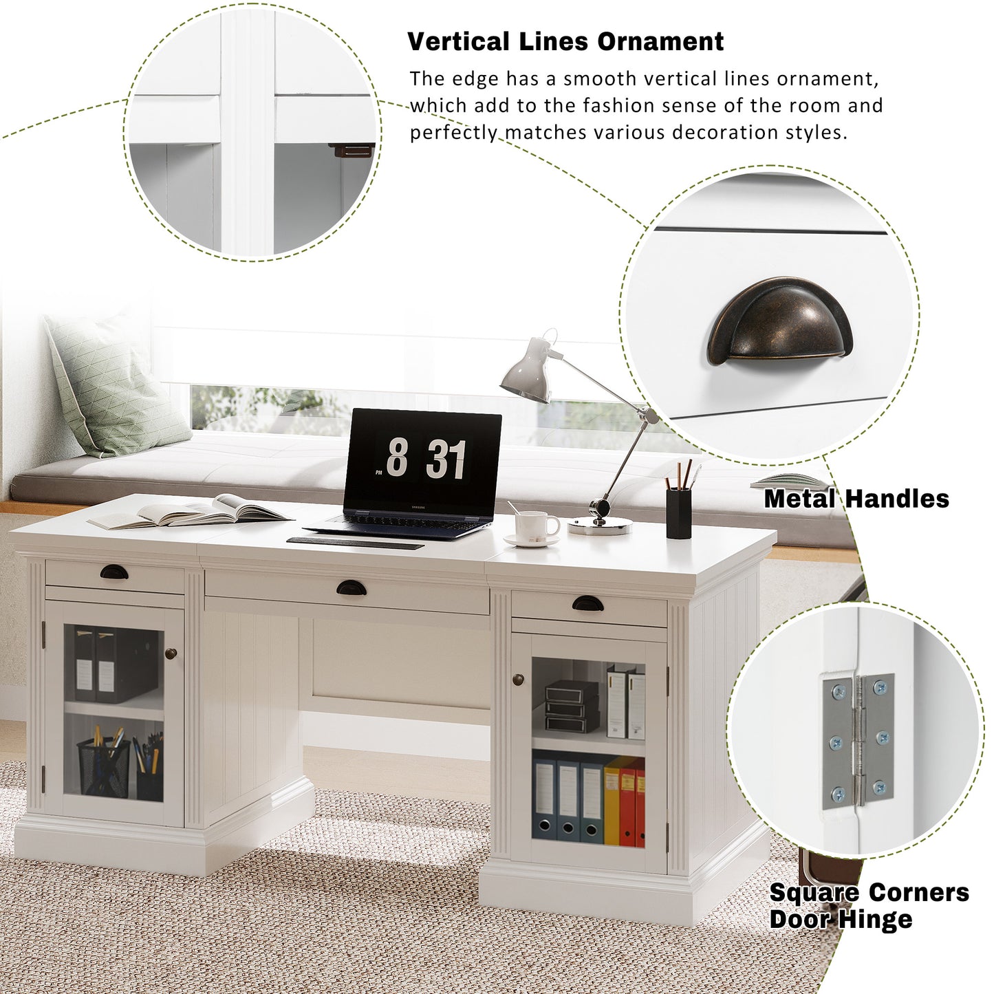 67" White Executive Desk with 2 Glass Door Cabinets, 3 Drawers & Built-in USB Ports - Modern Home Office Workstation